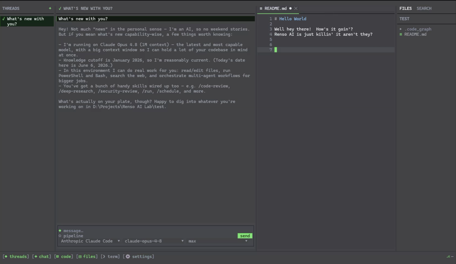The same Terminal IDE Mode workspace in the dark theme.